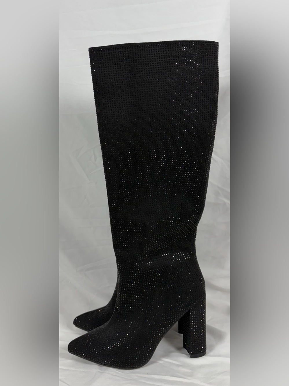 Knee High Black Rhinestone Block Heel Pull-on Boots Size 9